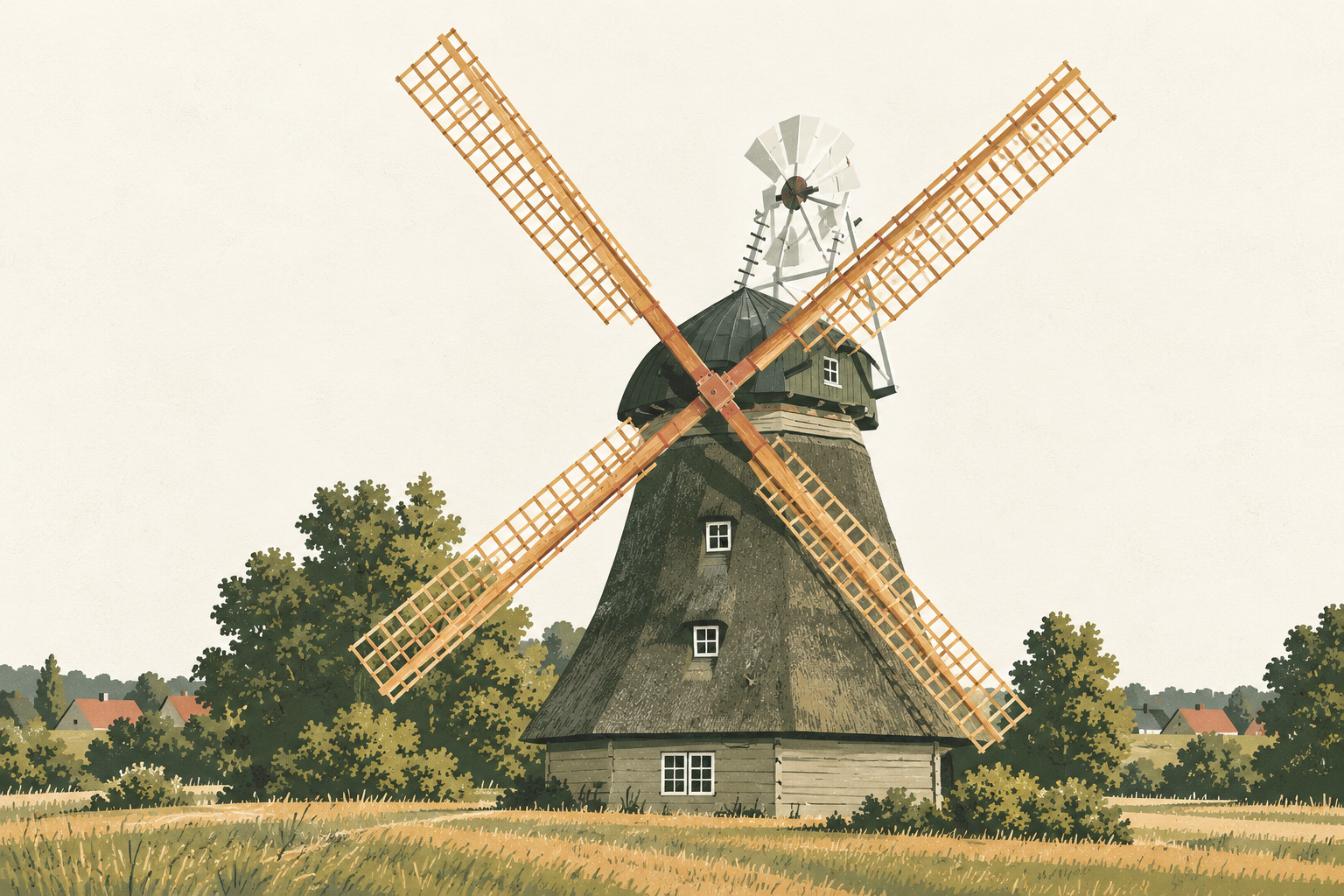 Stilisierte Illustration der Grebiner Mühle mit diagonalen Holzflügeln, Wiesen und Bäumen